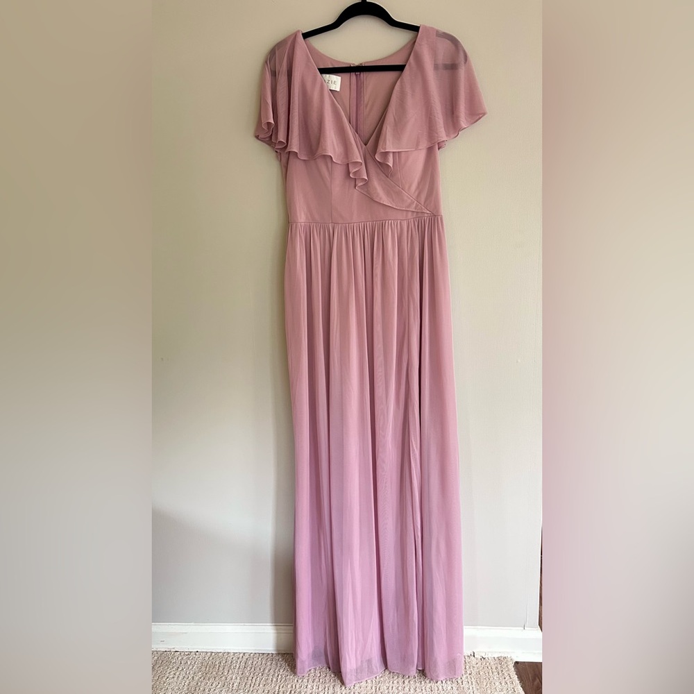 AZAZIE Jael Dusty Mauve V-Neck Ruffle Maxi Dress Bridesmaid Formal Gown Size 12 - Picture 3 of 15